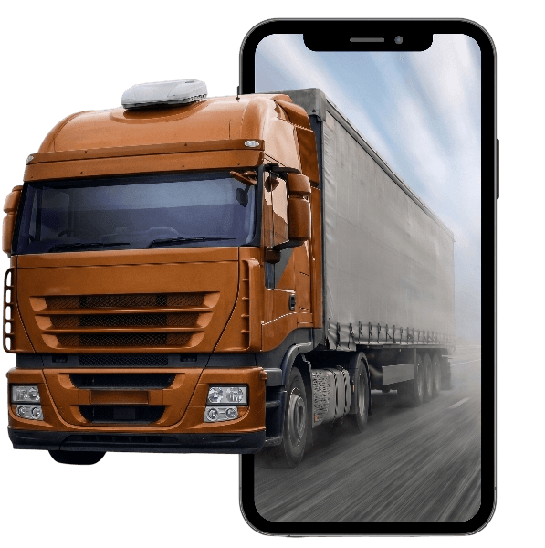 Logistics truck rendered inside a smartphone frame, representing real-time dispatch on mobile